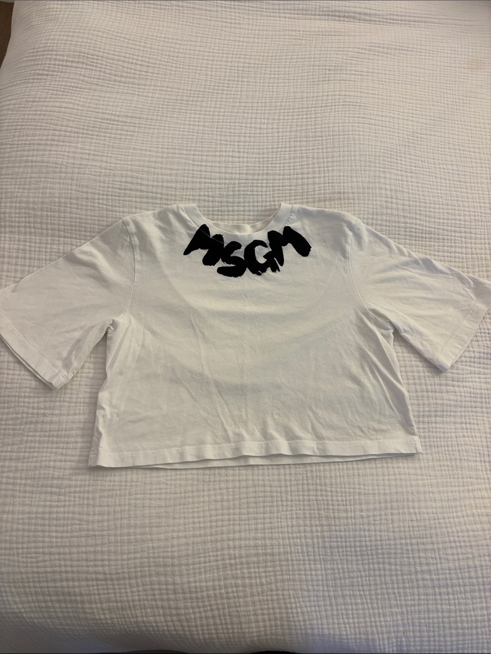 MSGM White and Black Graphic Crop Tee for Kids